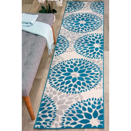 World Rug Gallery Modern Floral Circles Design 2'x10' Blue Runner Rug 9099BLUE2X10